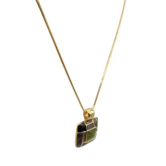 Olive Green Enamel & Facted Stone Square Pendant Chain Necklace Unsigned - Picture 3 of 7